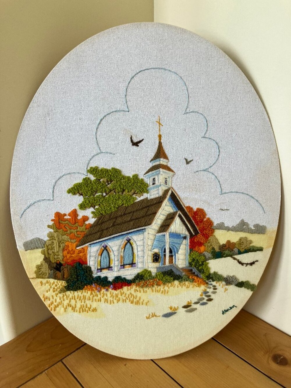 Country Church Completed Crewel Embroidery Sunset Stitchery 2479 Vintage 70s